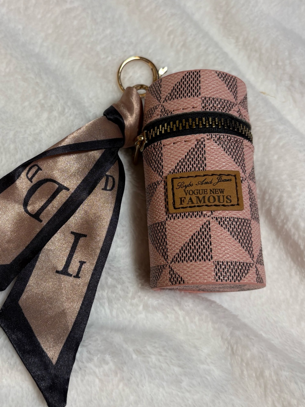 BAG CHARM - Pink Mini container w/Satin Scarf- can hold lipstick/gloss…..